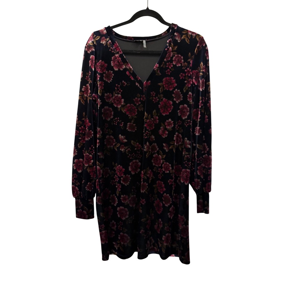 1.STATE Velvet Floral Midi Dress Medium Women Black Pink V-Neck Long Sleeve Goth
